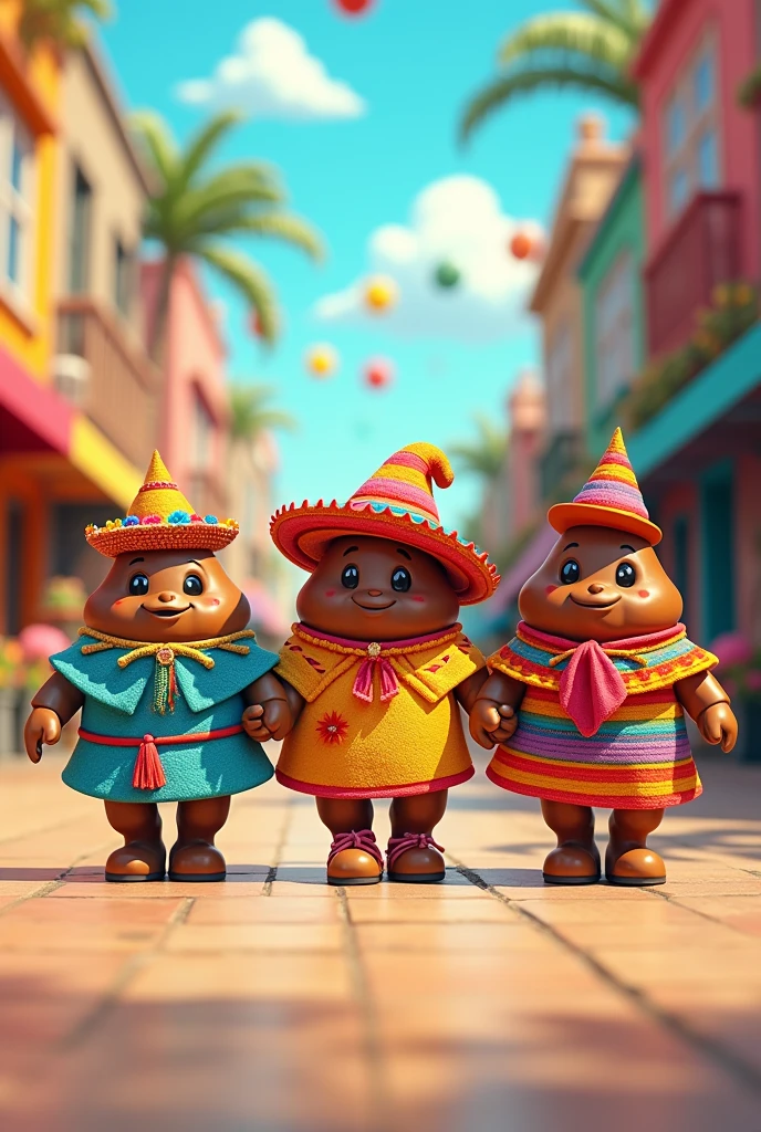 A multicolored poop, who is dressed in a festival outfit holding hands with another poop, also dressed, in festival theme holding hands, yet another poop also dressed in festival theme the three different outfits who are happy walking