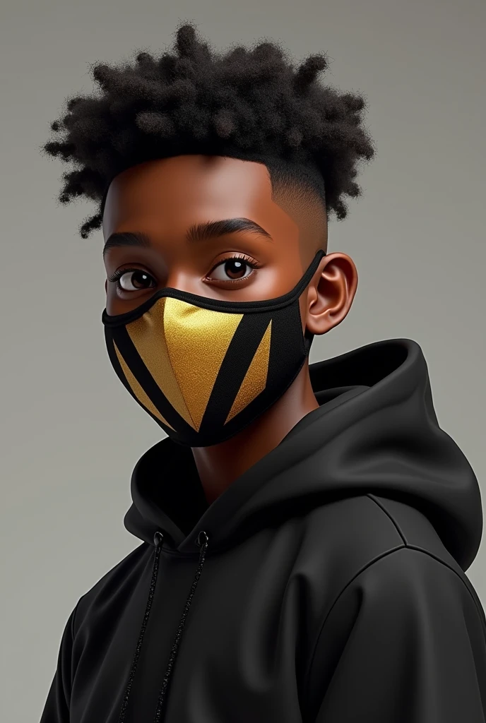 Generate a image with a chubby male black teenager in it with main colors black and gold, with a cool face mask