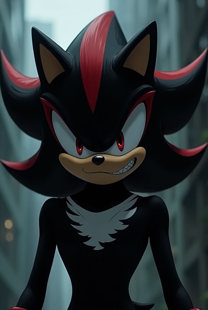 Shadow the Hedgehog with a mean face wearing a black and white vertically striped shirt in the style of the Evangelion anime 