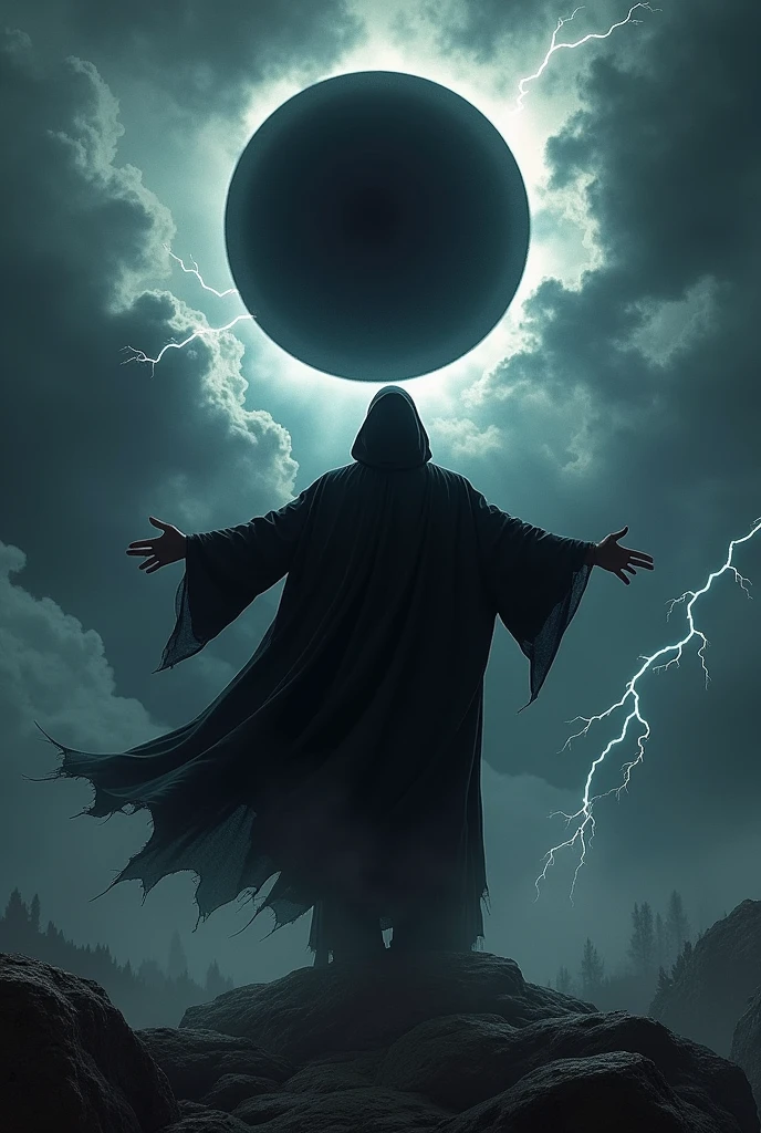 Create the image of a wizard with open arms, with a black cloak, levitating in the skies facing a black eclipse, while the skies are dark