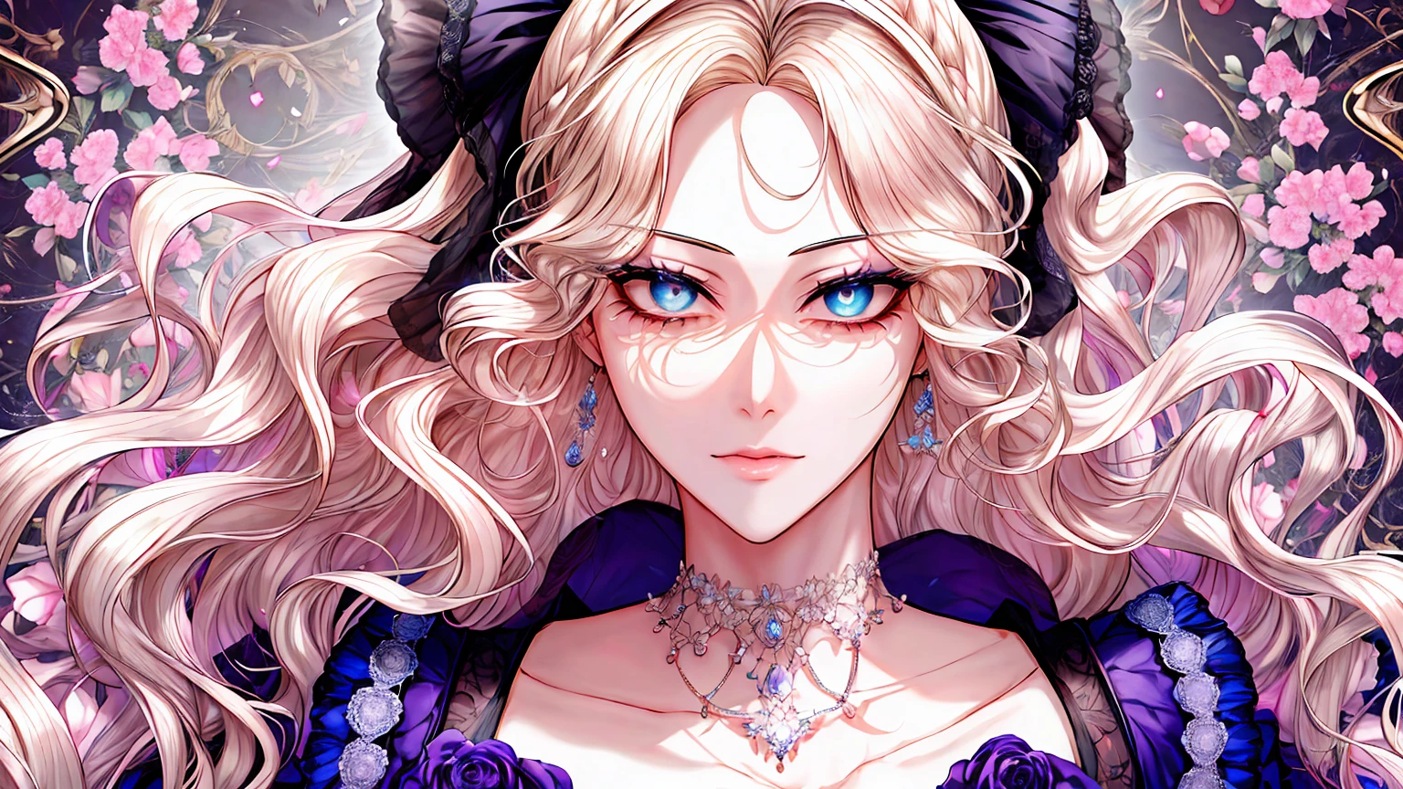 Kuroume_1024, ((shoujo-style, floral background, romance manhwa)), (close up), (1girl:1.2), platinum-blonde hair, solo, long hair, flower, dress, thick eyeblows, blue flower, wavy hair, closed mouth, collarbone, breast, cleavage, puffy sleeve, white dress, purple dress, elbow gloves, earrings, necklace, hair bow, face focus, beautiful face, detailed eyes, pupil, looking at viewer