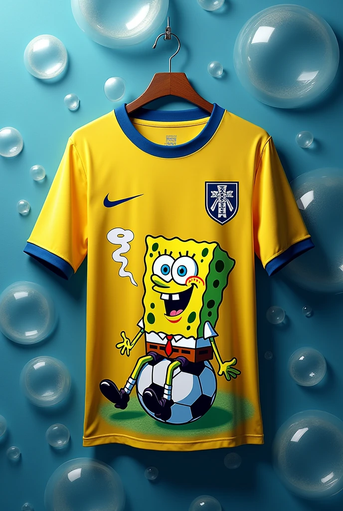 Printed soccer jersey with a design of SpongeBob SquarePants sitting on a soccer ball smoking, on the left side the nike symbol, hanging on a hanger and various details of soap bubbles