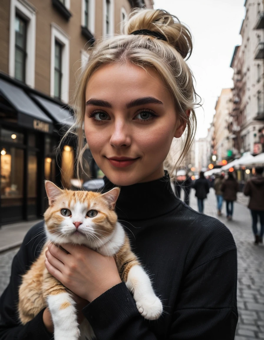 an eye contact of a blonde with a bun and dark theme , in the city playing with a cute and sweet cat