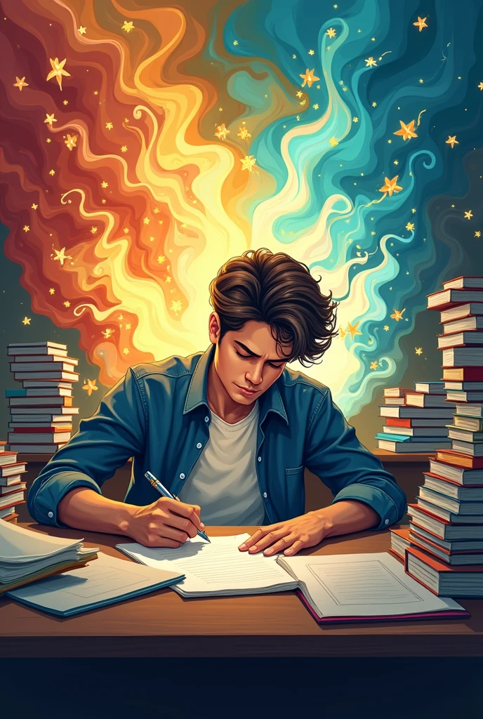 Poster: A student writing in front of a desk full of books and documents. The paper he was writing on had flashing ideas flying out, symbolizing progress and p