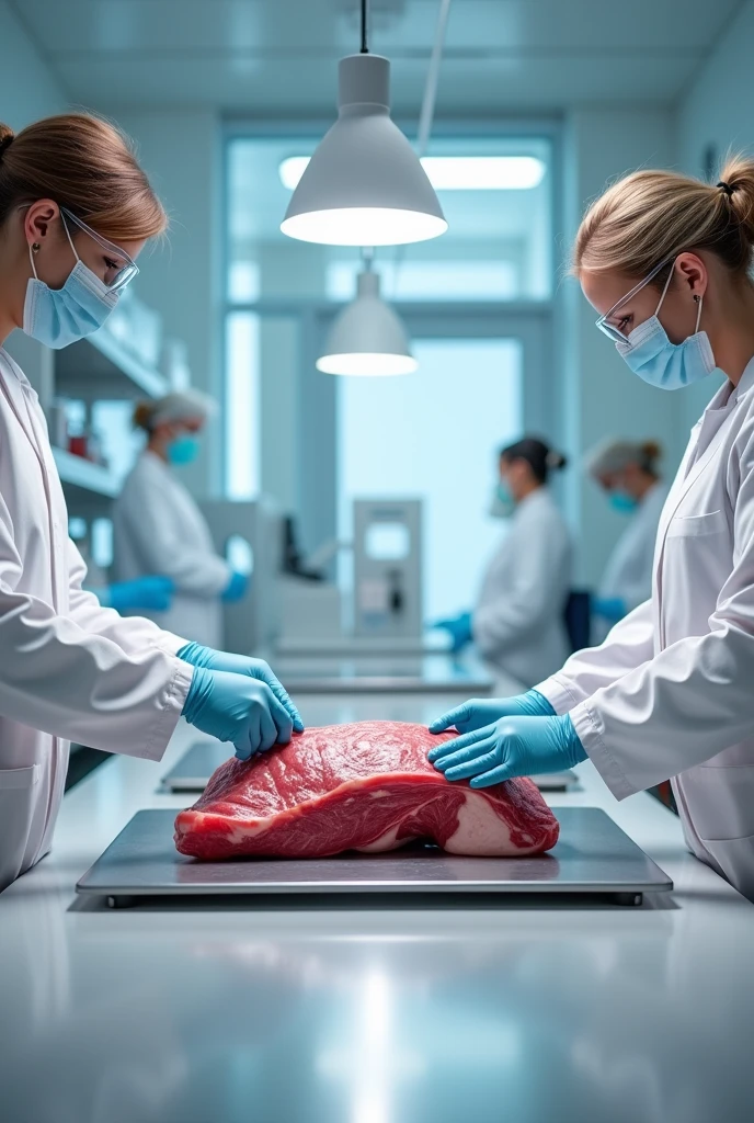 Lab personnel placing a piece of meat on a table while wearing gloves and a face mask.