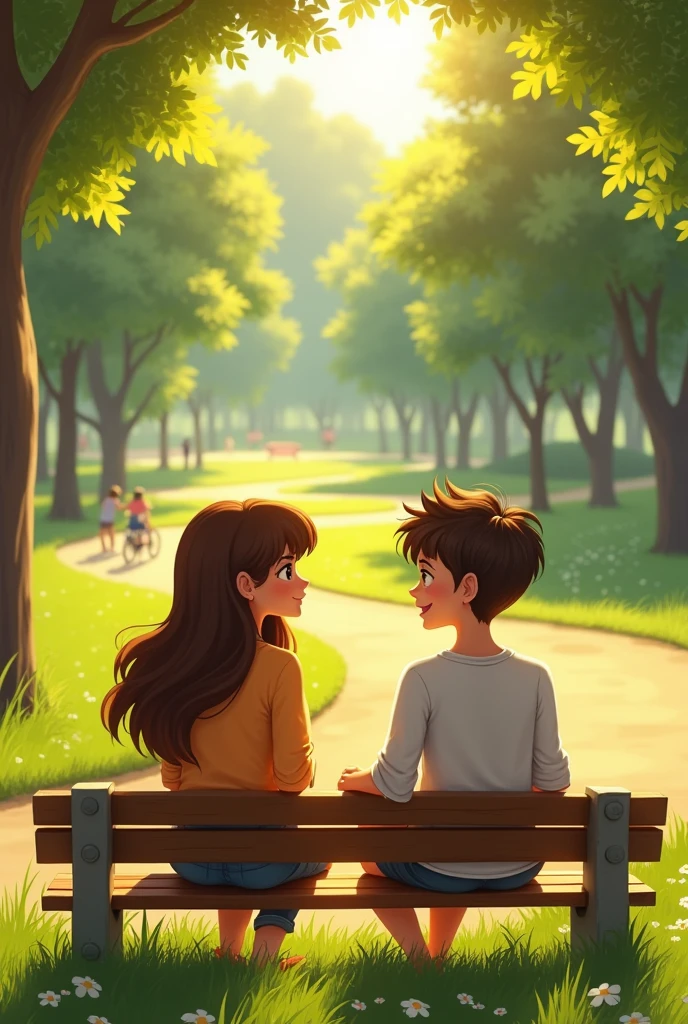park, Sunnyday. Two friends, Lucia and Tiago, are sitting on a bench