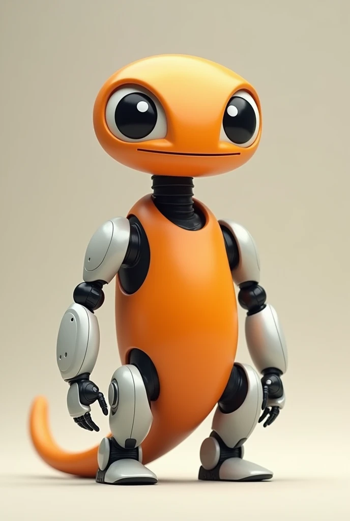 Create a Salamander robot, with Predominant Cores, orange, gris, black andwhite. Body color, orange. head, arms and legs, Use neutral colors, gris, black andwhite. Your big eyes, black and white. He has a friendly and cheerful look