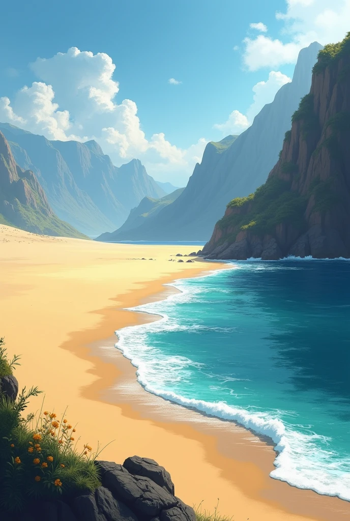 The sand on this beach was golden and extended for a very long distance, forming a semi-arch. On the far right, there were huge mountains almost imperceptible due to their size, and to the right, there was nothing but a cliff that provided a mesmerizing view of the sea.