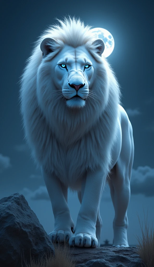 Create an Albino Lion, strong and handsome with blue eyes at night in the moonlight