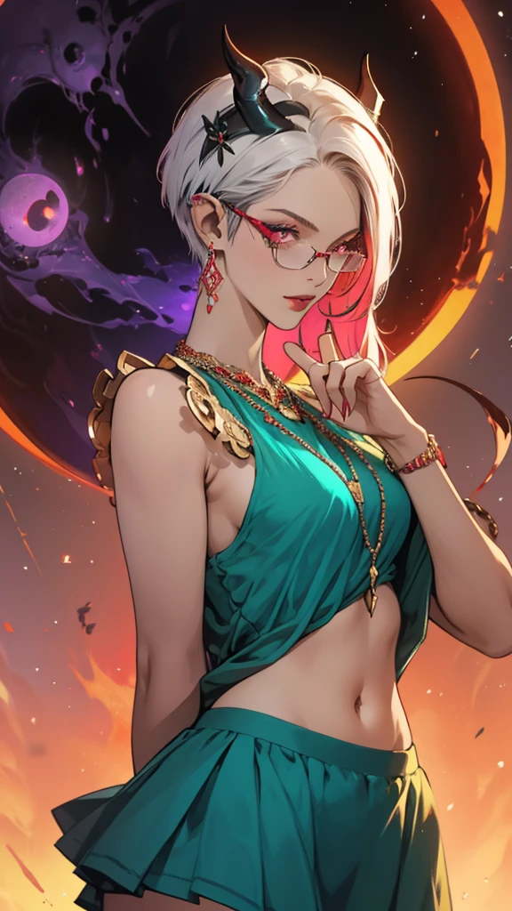 8k, masterpiece, best quality, highly detailed, 1 girl, tiefling, warlock, pixie cut, multicolored hair, very short straight hair red highlight hair on white hair, strippled hair, wearing glasses, round glasses, earrings, navel piercing, red eyeshadow, long eyelashes, blushed cheek, red lips, pearl necklace, rings, collarbone, mole on face, glamorous, teal and purple clothes, sleeveless, miniskirt, smirk, close up view, rings, looking at viewer, demon horns, solo, milky way, starry sky, blood red moon, standing, chains on the background.