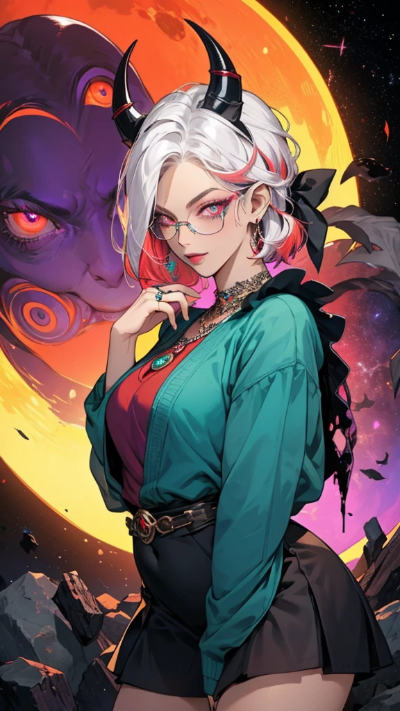 8k, masterpiece, best quality, highly detailed, 1 girl, tiefling, warlock, pixie cut, multicolored hair, very short straight hair red highlight hair on white hair, strippled hair, wearing glasses, round glasses, earrings, navel piercing, red eyeshadow, long eyelashes, blushed cheek, red lips, pearl necklace, rings, collarbone, mole on face, glamorous, teal and purple clothes, sleeveless, miniskirt, smirk, close up view, rings, looking at viewer, demon horns, solo, milky way, starry sky, blood red moon, standing, chains on the background.