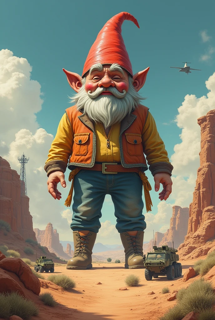 Make a giant gnome in a Mexican desert with military installations 