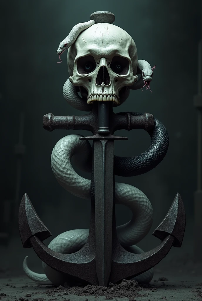 a skull head, on top of a ship's anchor, where there are also two snakes, A white and a black one. and a knife stuck in the middle of the skull. Everything very dark and scary. the snakes each come out of a hole in the eye of the skull and both circle the knife. The black snake is lunging towards the observer, while the white one is just looking, with very thin and scary pupils.