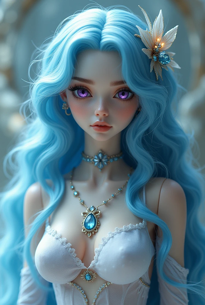 I want to create a beautiful doll with blue hair with very dark purple, with bright white eyes, a beautiful look, with a large body and shoulders, arms, hands, flegs, feet and hair separated as if she were a goddess.