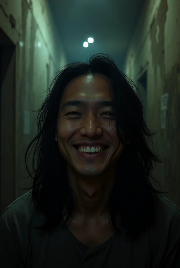 close up of a smiling dark skin Filipino man with long hair inside of a hallway, nightmare