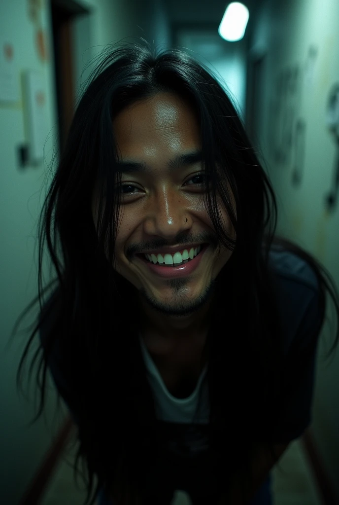 close up of a smiling dark skin Filipino man with long hair inside of a hallway, nightmare 