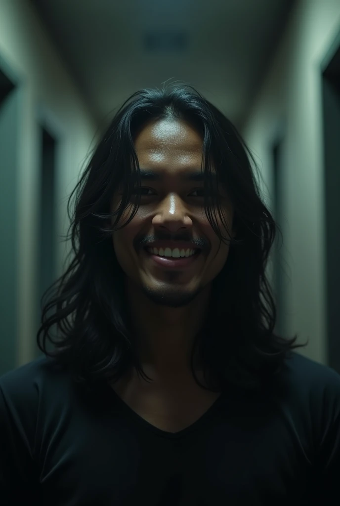 close up of a smiling dark skin Filipino man with long hair inside of a hallway, nightmare 