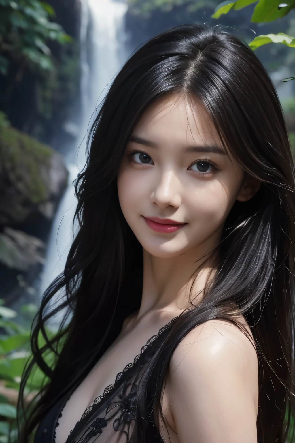(ultra realistic) , (illustration), (increase resolution), (8K), (extremely detailed), (best illustration), (beautiful detailed eyes), (best quality), (ultra-detailed), (masterpiece), (wallpaper), (detailed face), 1 girl, black straight hair, slender body, delicate details, in the dark, deep shadow, low key, pureerosfaceace_v1, happy smile, summer dress, waterfall, rainforest