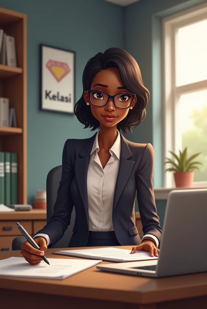 Une comptable Africaine dans son bureau et derrière une affiche avec le mot Kelasi