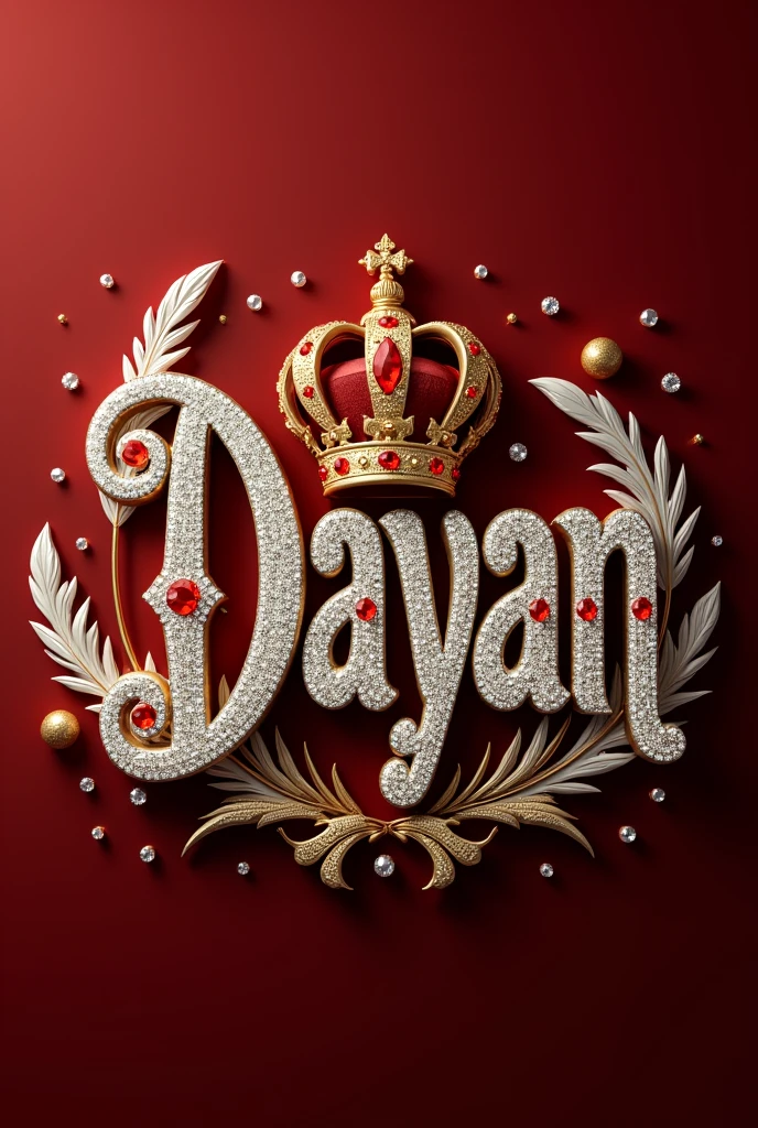 L’image montre un design en 3D du nom “Dayan” écrit en lettres cursives et ornées de diamants et de pierres précieuses. Une couronne dorée, ornée de pierres rouges, est placée au-dessus de la première lettre “A”. Autour du nom, il y a des plumes blanches et dorées ainsi que des pierres précieuses dorées et argentées dispersées. L’ensemble de l’image dégage une impression de luxe, d’élégance et de royauté. Dans un fond rouge