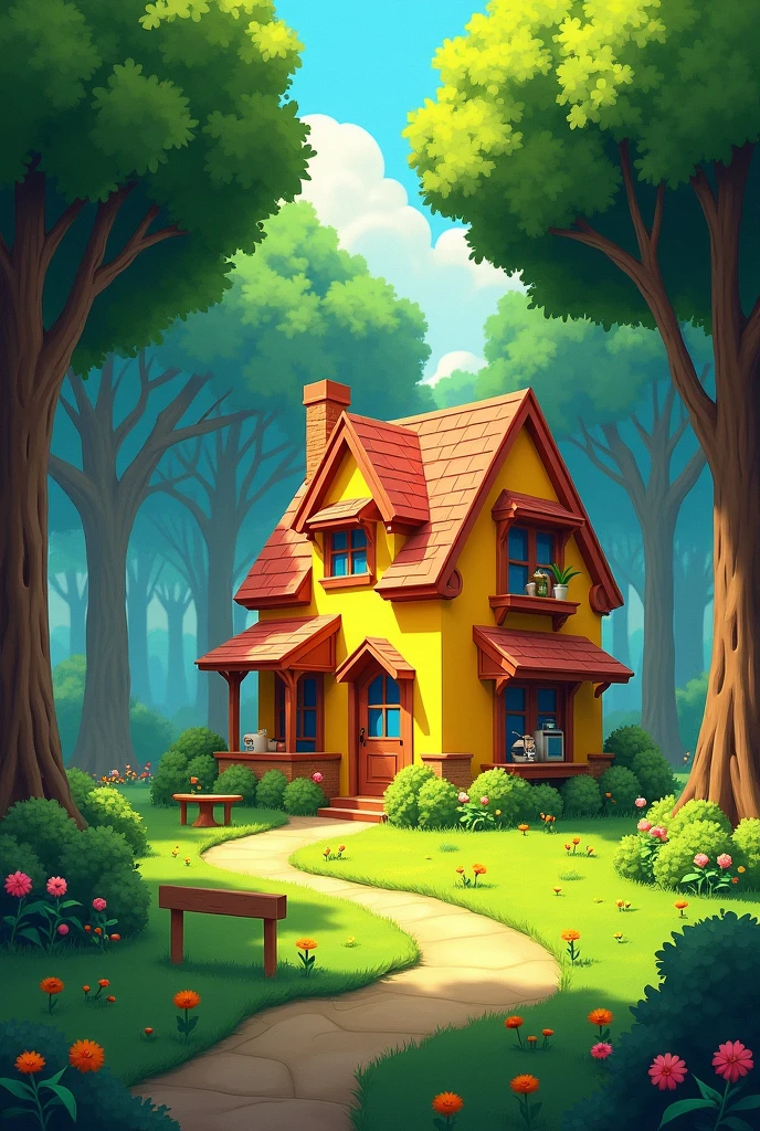 Large trees with grass and in the middle a yellow house, with a kitchen that stands out, all in a very lively style.