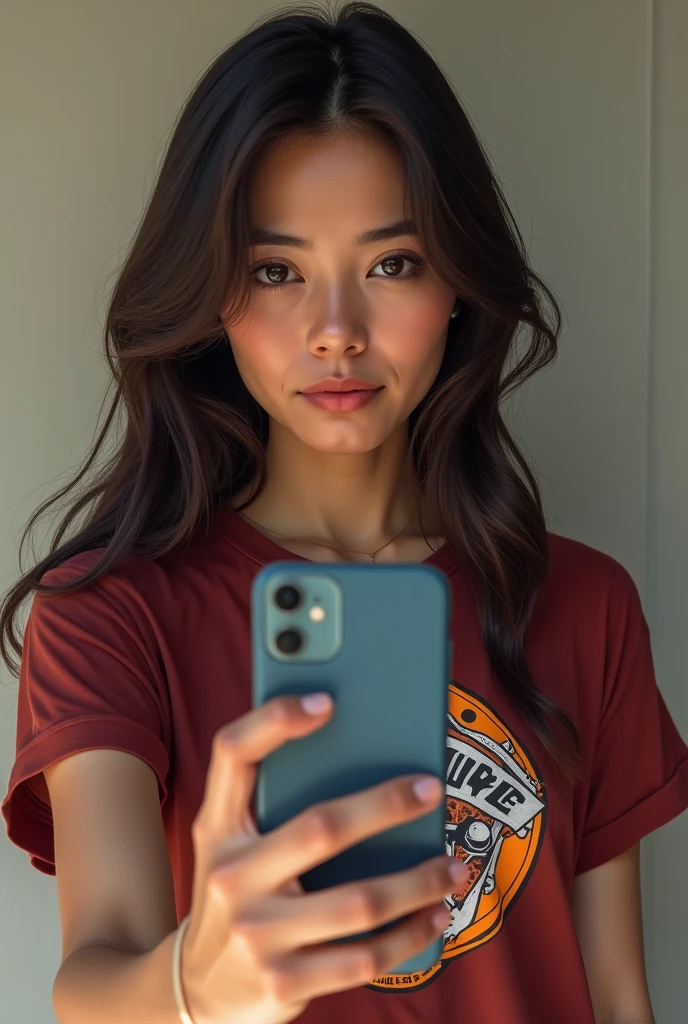 a realistic brune girl make selfie with Thunderdome t shirt