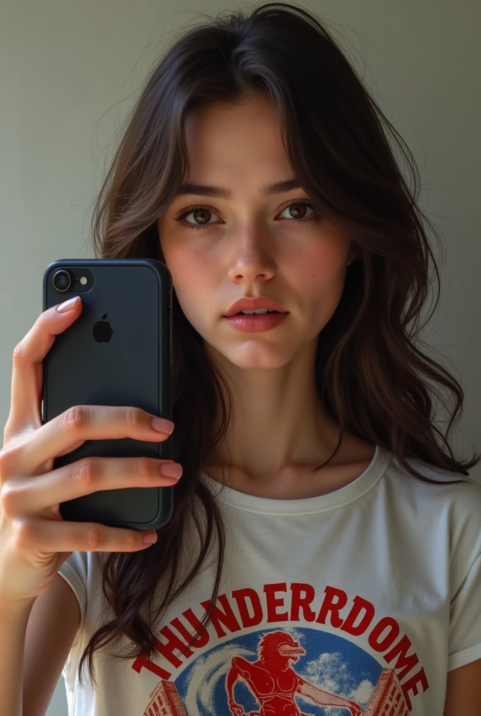 a realistic brune girl make selfie with Thunderdome t shirt