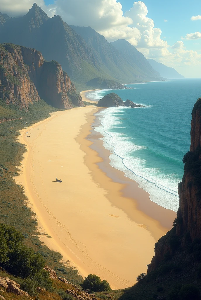 The sand on this beach was golden and extended for a very long distance, forming a semi-arch. On the far right, there were huge mountains almost imperceptible due to their size, and to the right, there was nothing but a cliff that provided a mesmerizing view of the sea.