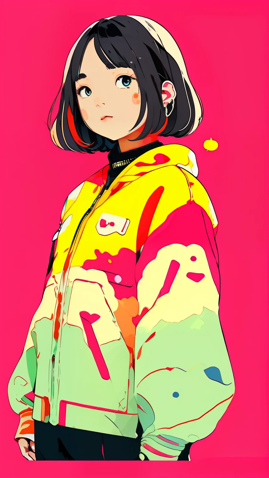 clean、Minimalist、Vector art、gradient cake scary hair、whiteいテックウェアの服、Tactical clothing(orange、white)、strong stroke around image、simple and abstract design paper cute background、Solid color background、Or pastel colors、