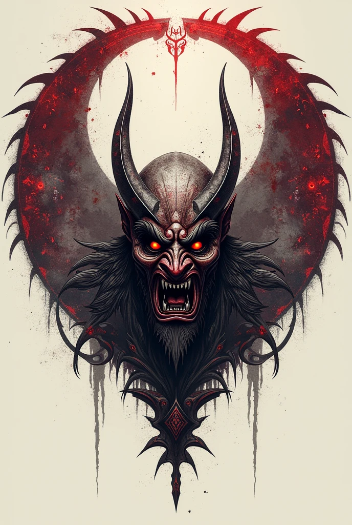 Drawing of a circle with the blades of chaos with an oni mask at its center