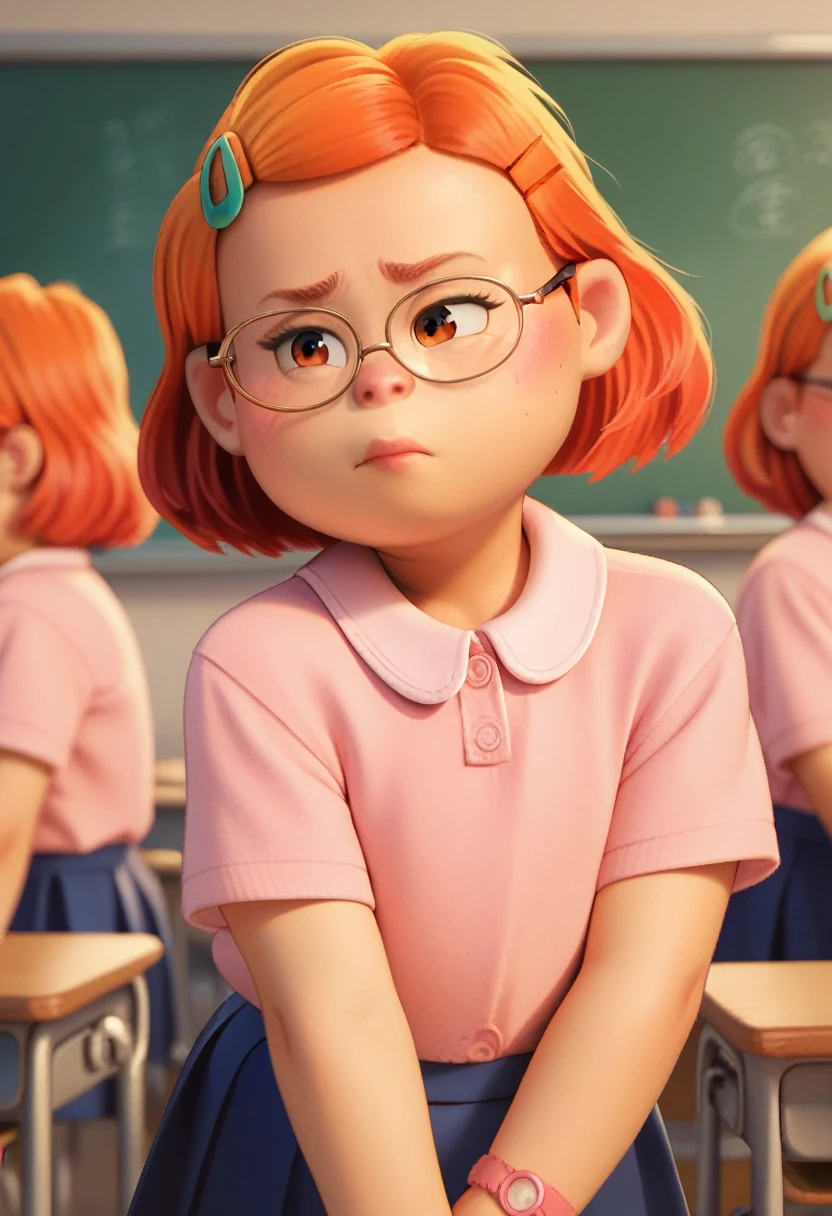 Meilinlee wearing a pink shirt, blue skirt, green hair clips, glasses, and orange hair., in the classroom