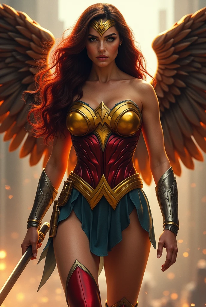 Thanagarian warrior Chay-Ara aka Hawkgirl original hawkgirl costume yellow corset with red and green Legis big red boots brown wings long red hair and Adriana Lima under the mantle of the Amazon warrior Wonder Woman long black hair Diaema Wonder Woman on her forehead Justice League DC comics