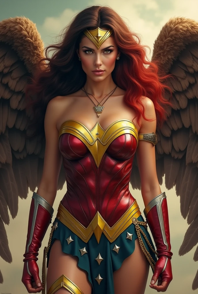 Thanagarian warrior Chay-Ara aka Hawkgirl original hawkgirl costume yellow corset with red and green Legis big red boots brown wings long red hair and Adriana Lima under the mantle of the Amazon warrior Wonder Woman long black hair Diaema Wonder Woman on her forehead Justice League DC comics