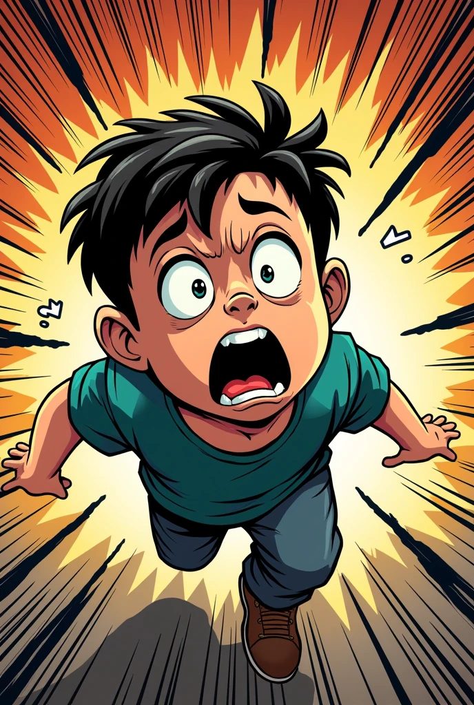 Comic book image of a boy screaming and then falling