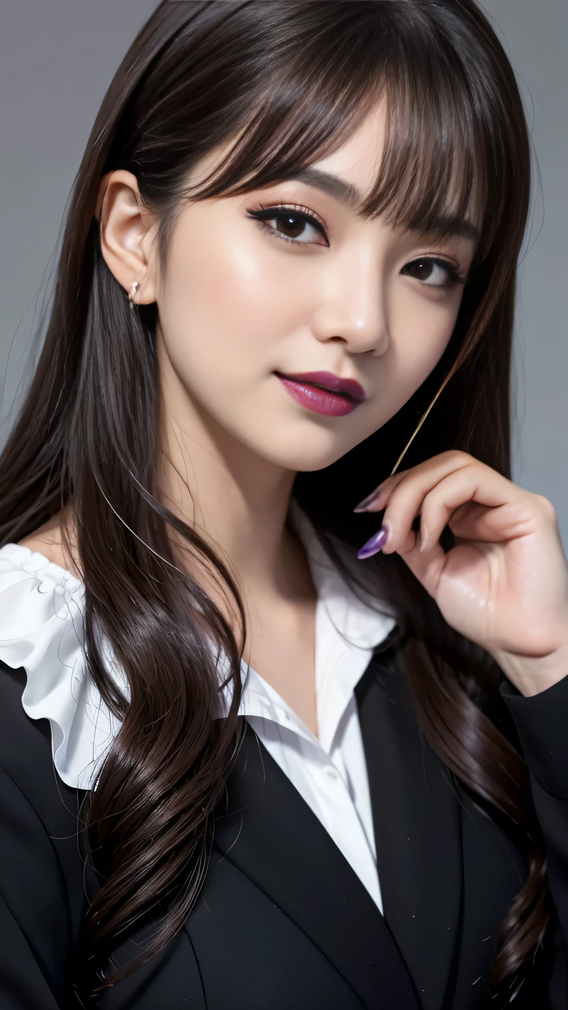 best quality、ultra-detailed、8k、Japanese、Seductive beauty、seductive adult woman、Pretty Woman、cool girl、smirk、Wicked Smile、Villainess、brainwash makeup、brainwash、Fallen into evil、Evil look、evil、Brown hair、wavy hair、swept bangs、dark makeup、piercing eyes、hollow eyes,half-closed eyes、Hollow Eyes、purple Eyeshadow、black lipstick、black lipglos、Purple Eyeshadow、black lipstick、black lip gloss、Dark Makeup、smirk、Whisper in my ear、business suit、black Jacket、white blouse、ribbon、flare skirt、pantyhose、night、inside darkroom、Kiss、I have lipstick、Are standing、Look、Offer、shoot from below