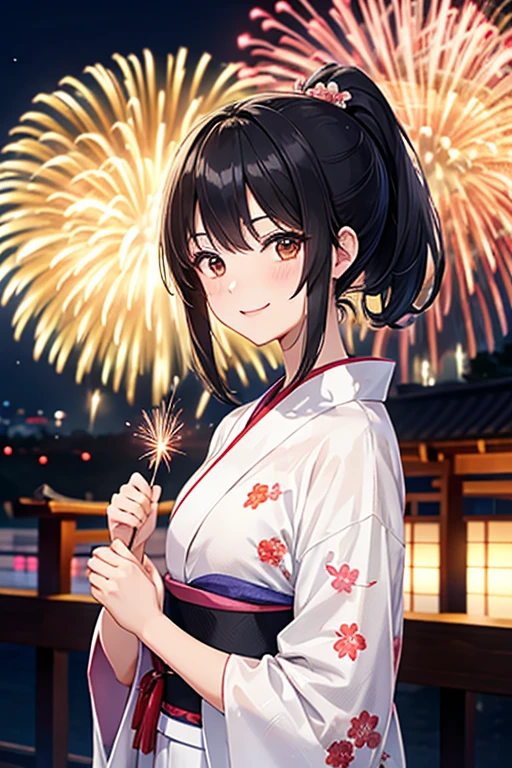 Yukata,Fireworks display,A 20-year-old Japanese girl,
One person, Black Hair, ponytail, Background blur, chest, smiling,