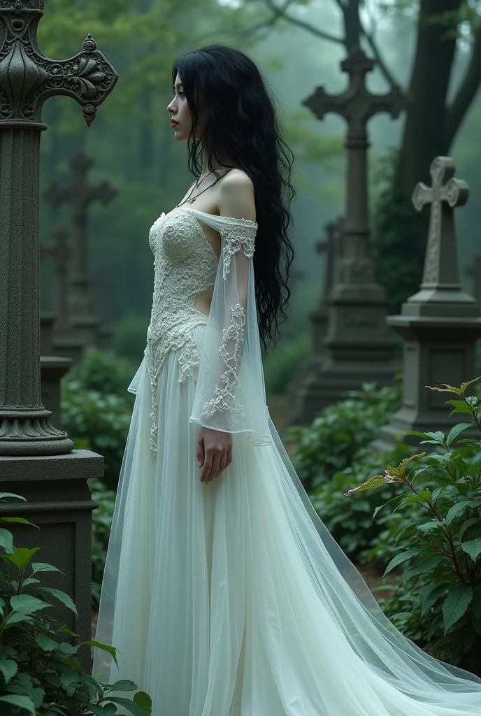 Imagine a pale-skinned vampire with black hair, wearing a white wedding dress with flowing, vampire-esque long sleeves, accessorized with detailed Victorian crucifixes, in a cemetery filled with lush plants under excellent lighting.