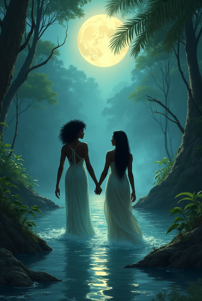 At the center, mariana, uma negra, emerges from the dark waters of an ethereal river, With an expression of determination, while holding Barbara's hand, outra negra, that appears fragile, but full of ancient wisdom. Around them, the rainforest is illuminated by a full moon, whose silver rays pierce the mist, creating an almost supernatural effect. Subtle elements of magic, like floating runes and the soft glow of ancestral spirits, must intertwine with the dense vegetation, suggesting the presence of hidden forces. The color palette should be dominated by deep blue and emerald green tones, with touches of gold and silver, conveying the mystery and magic of the narrative.