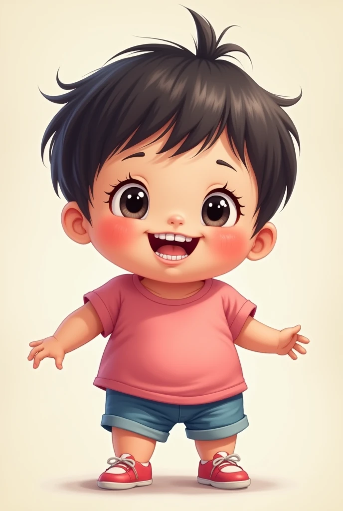 Fat toddler, she has short black hair, pink shirt and blue shorts. She is smiling with some sharp teethe and has black eyes asian ones