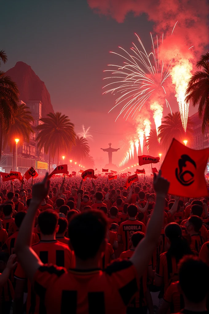 City in chaos with Flamengo's red and black victory in the city of Rio de Janeiro at night 