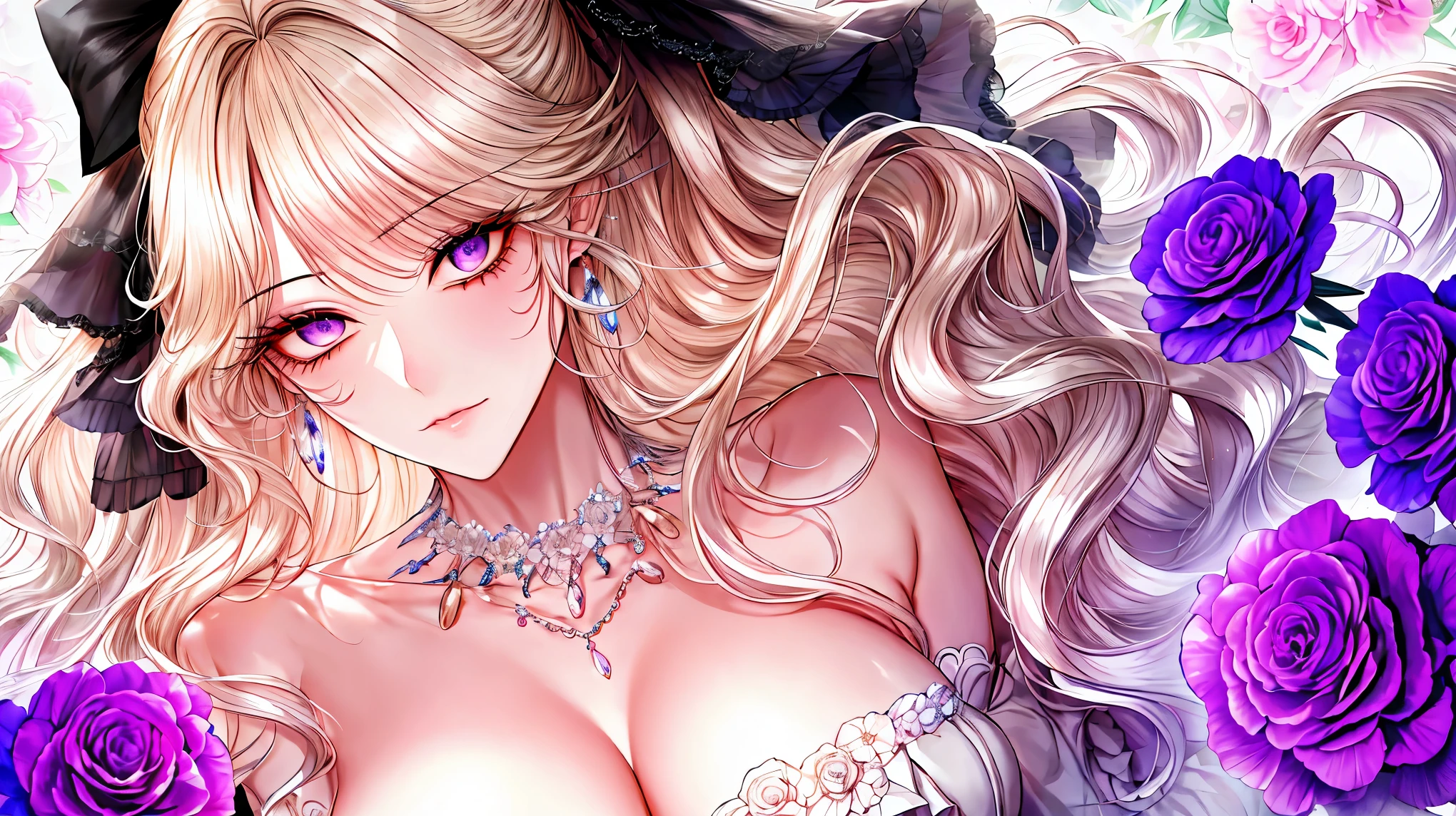 Kuroume_1024, ((shoujo-style, floral background, romance manhwa)), (close up), (1girl:1.2), platinum-blonde hair, solo, long hair, flower, dress, thick eyeblows, blue flower, wavy hair, closed mouth, collarbone, breast, cleavage, puffy sleeve, white dress, purple dress, elbow gloves, earrings, necklace, hair bow, face focus, beautiful face, detailed eyes, pupil, looking at viewer