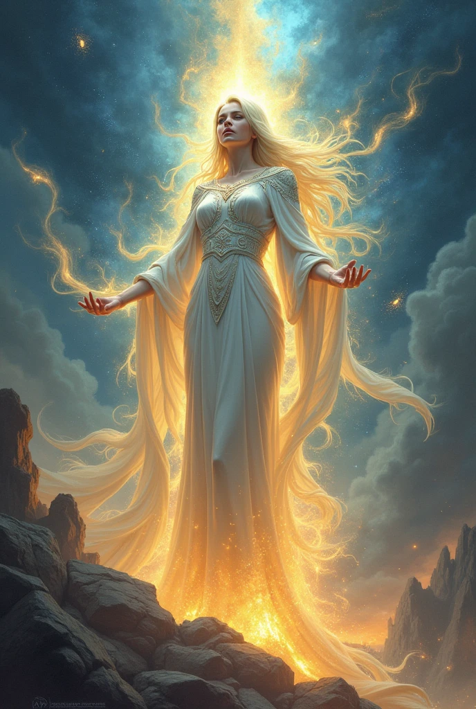 Imposing and radiant goddess connected to light and powerful, extracorporeal nature, estilo nas artes de Magic The Gathering