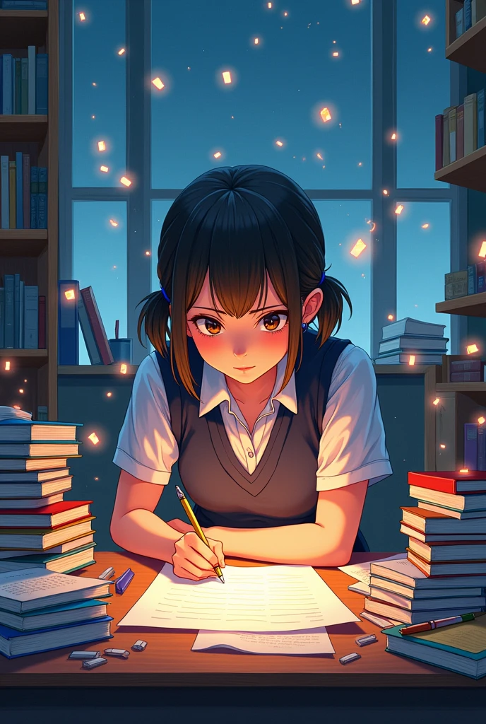 Poster outline: A student girl in the uniform writing in front of a desk full of books and documents. The paper he was writing on had flashing ideas flying out, symbolizing progress and
