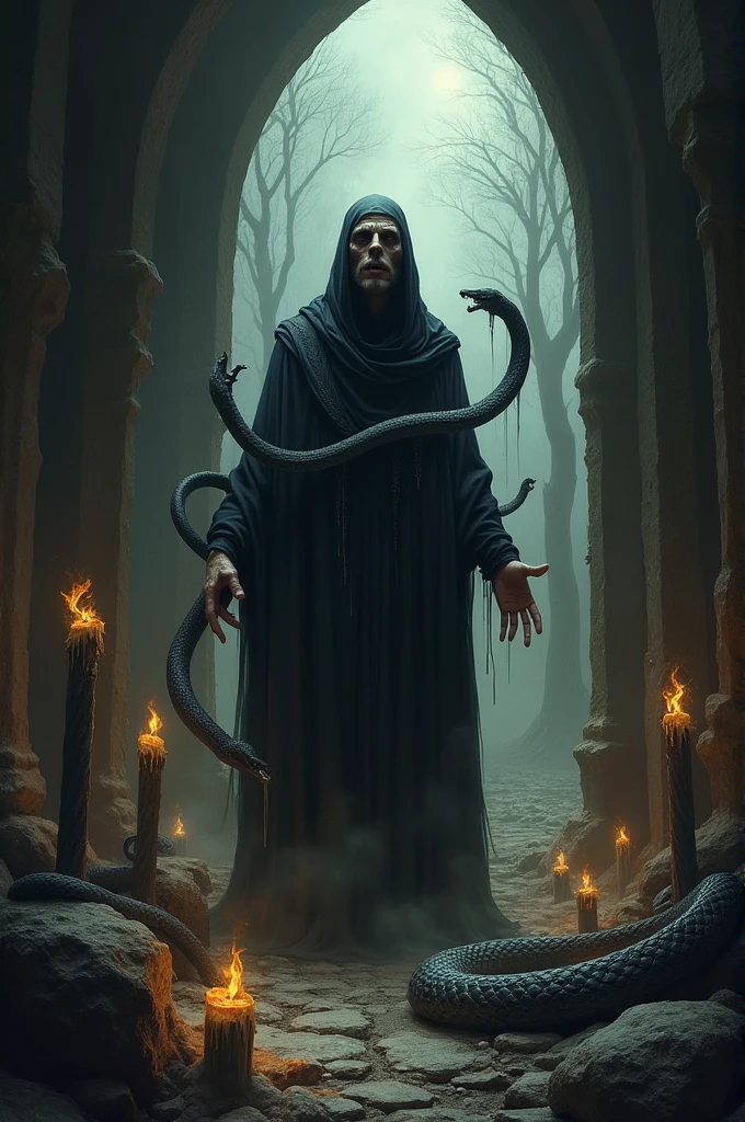 Create a dramatic and somber image that represents the concept of sin.. In the center of the scene, a human figure with a tormented expression, surrounded by serpents and distorted shadows, symbolizing temptations and forbidden desires. The figure stands in an environment that blends gothic elements, like dark arches and melting candles, Against a desolate natural backdrop,, like a dead forest or a barren desert in the background, a distant light struggles to pierce through.