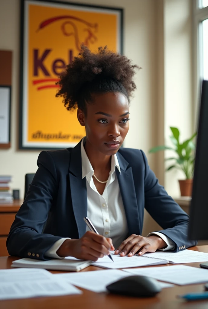 Une comptable Africaine dans son bureau et derrière une affiche avec le mot Kelasi 