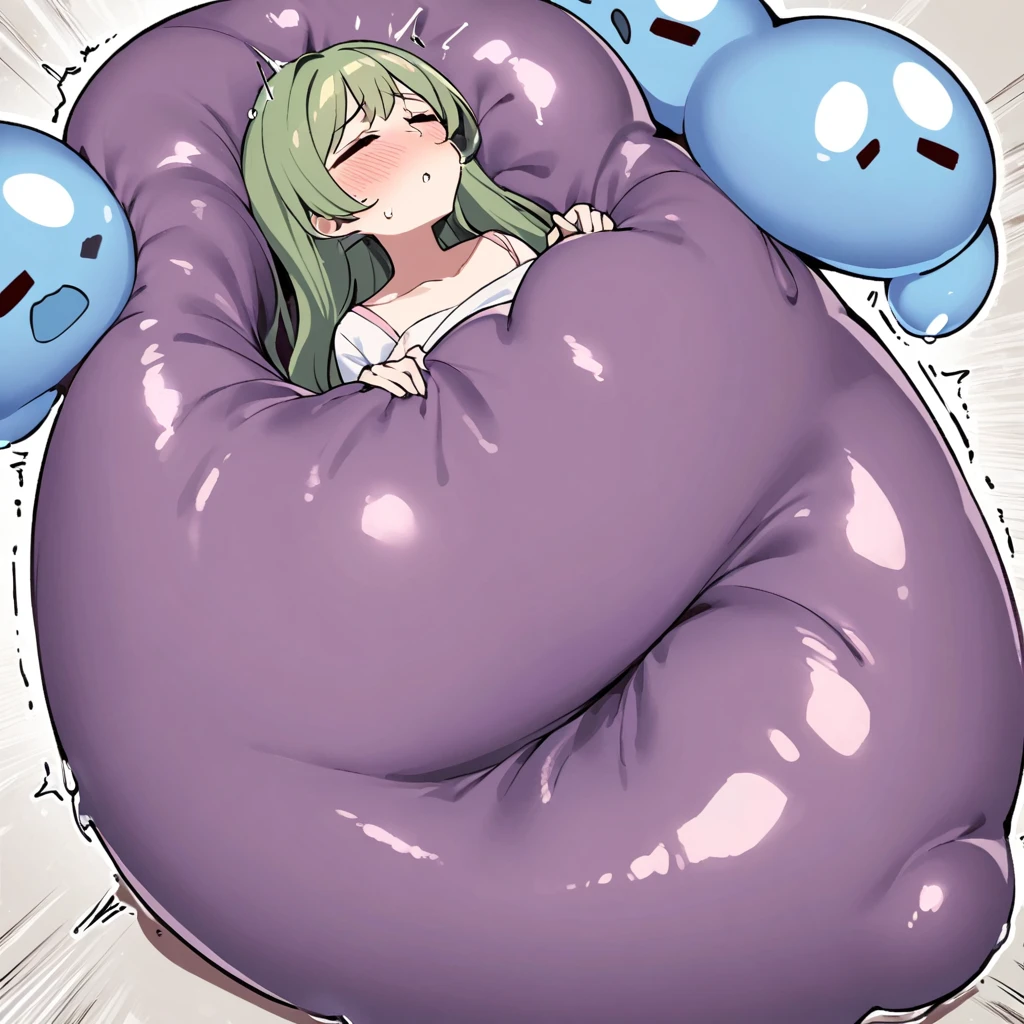 One giant blob of gelatinous slime making a girl's whole body stuck inside of it, squeezing and kneading her whole body, the girl feels exhausted by it