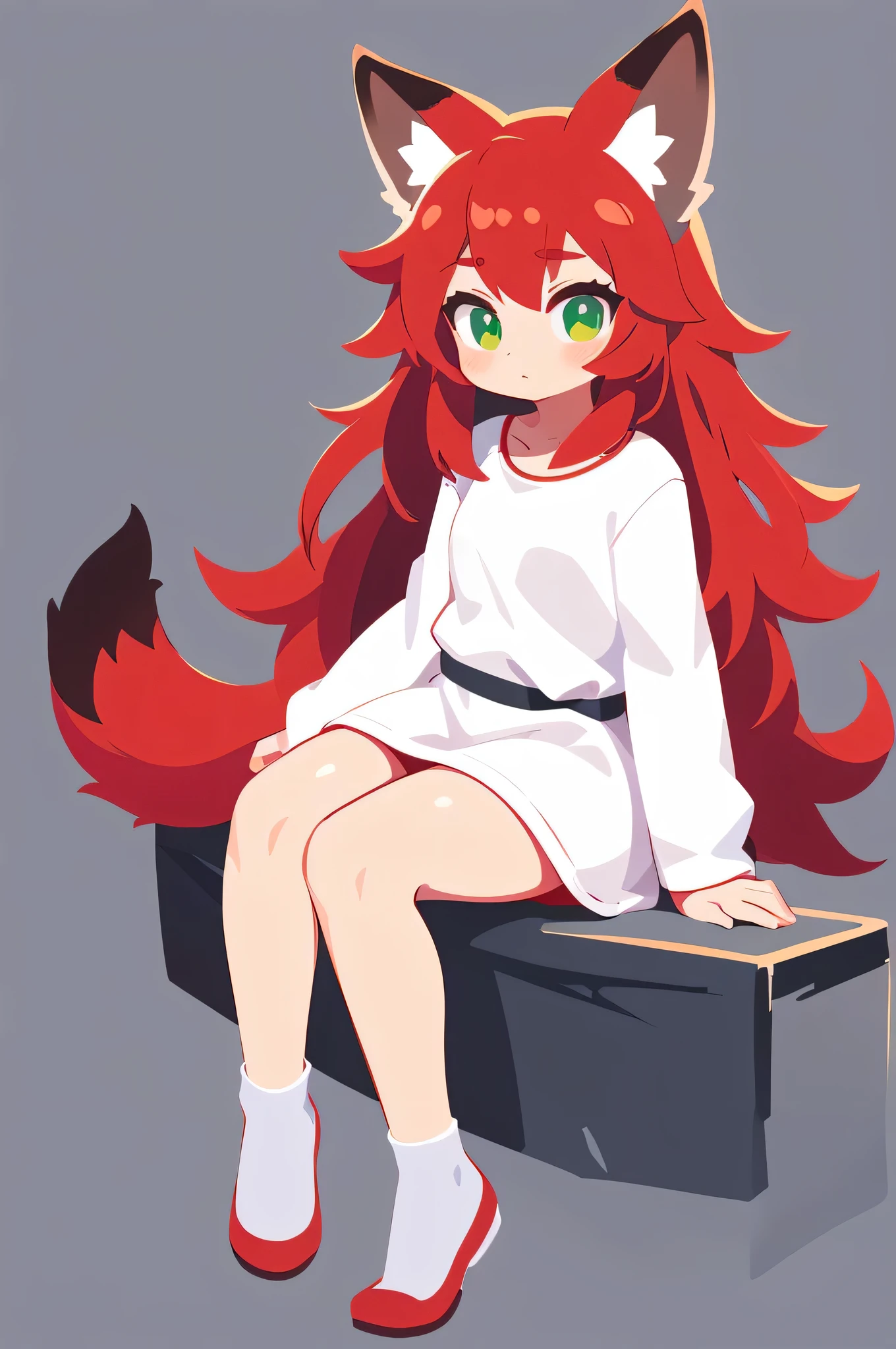 1girl, detailed, ((adult)), red hair, long hair, green eyes, detailed eyes, red fox ears, red fox tail, white clothes, simple clothes, (full body), sitting on knees, simple style, simple background, flat colors, no line style