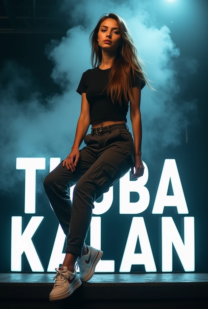 Create a breathtaking, high-quality photo featuring a Turkish girl with long brown hair sitting above your TUGBA. She exudes casual yet chic elegance with a t-shirt top, tactical trousers and white Nike sneakers. The woman stands over the PSD text "
TUGBA KALAN" illuminated by vibrant white and black lights. A subtle smoke effect increases the depth and dimension of the image, creating a unique and fascinating atmosphere.