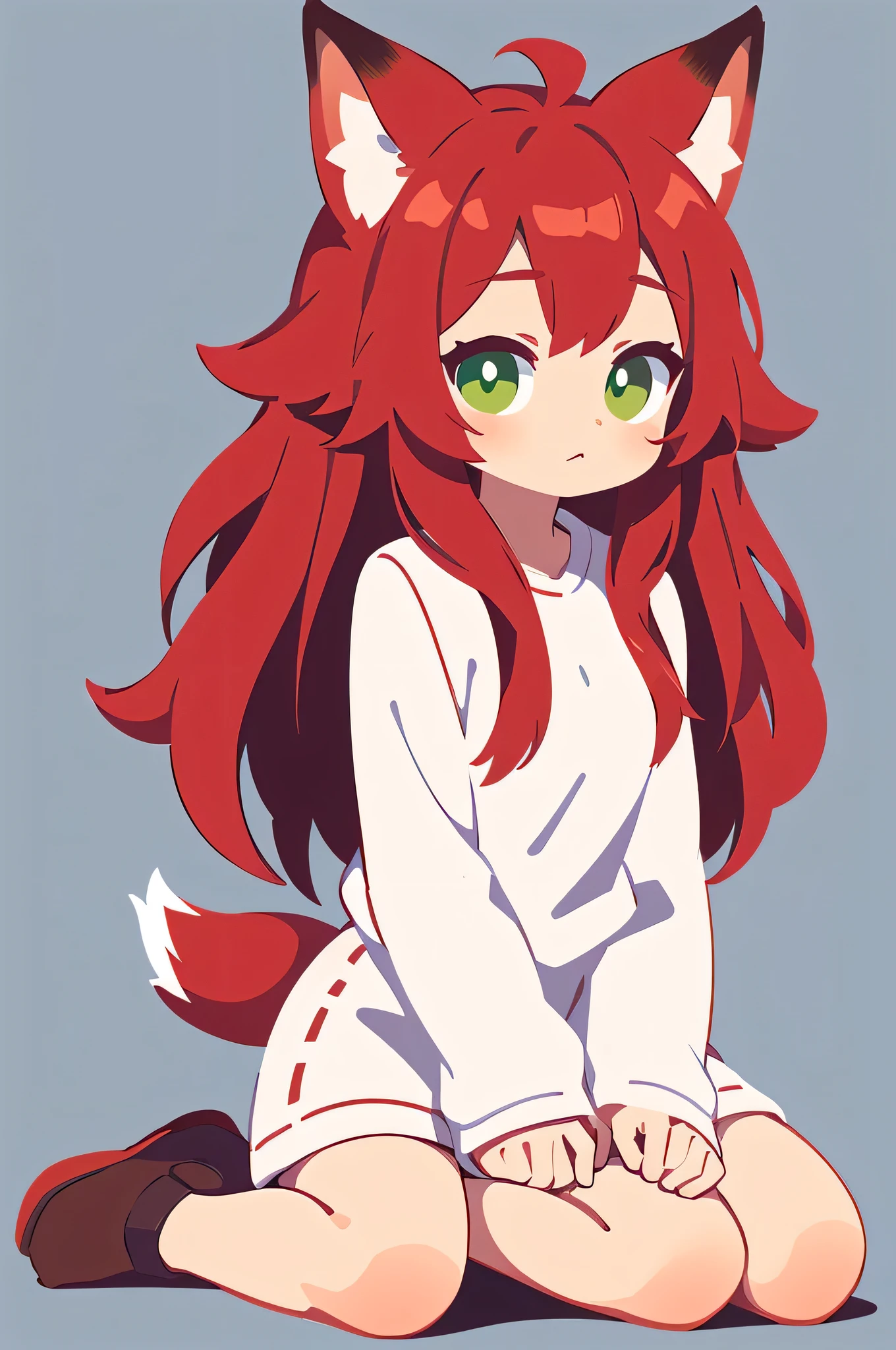 1girl, detailed, ((adult)), red hair, long hair, green eyes, detailed eyes, red fox ears, red fox tail, white clothes, simple clothes, (full body), sitting on knees, simple style, simple background, flat colors, no line style