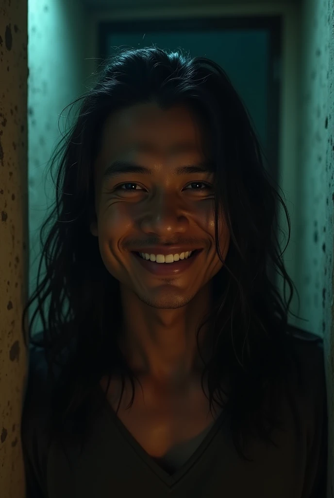 close up of a smiling muscular dark skin Filipino man with long hair inside of a hallway, nightmare 